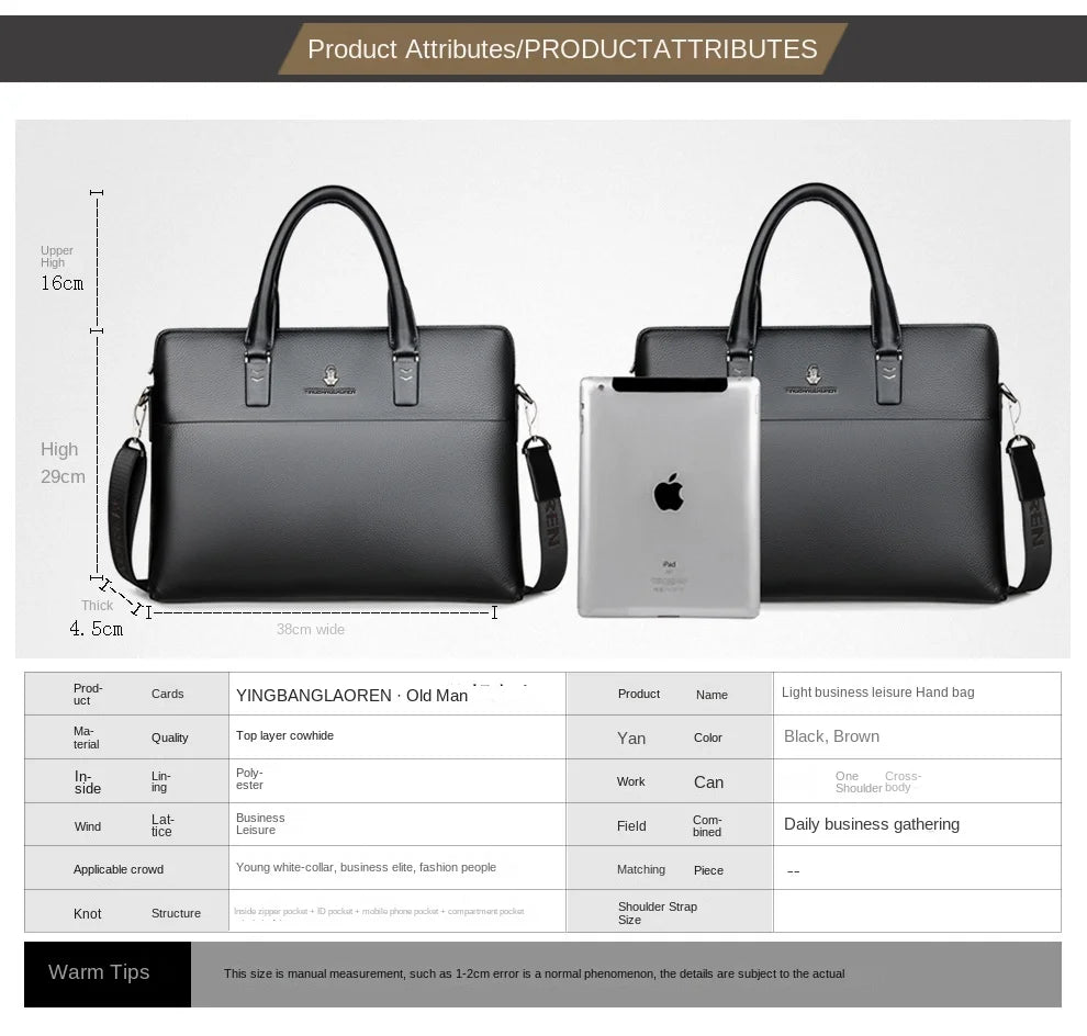 Men’s Genuine Leather Briefcase, Double Zipper Business Bag