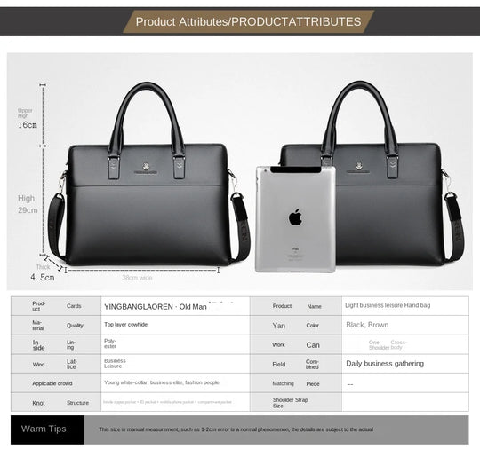 Men’s Genuine Leather Briefcase, Double Zipper Business Bag
