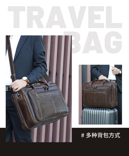 Genuine Crazy Horse Leather Men's Briefcase, 17" Laptop Business Bag