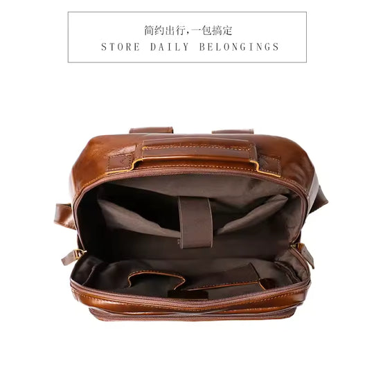 Retro Style Top Layer Cowhide Men's Travel Backpack, Women's Genuine Leather Computer Backpack, Large Capacity Handbag