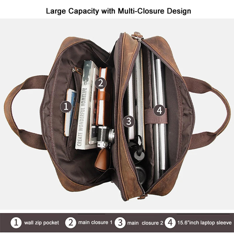 Genuine Crazy Horse Leather Men's Briefcase, 17" Laptop Business Bag