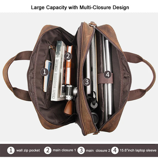 Genuine Crazy Horse Leather Men's Briefcase, 17" Laptop Business Bag