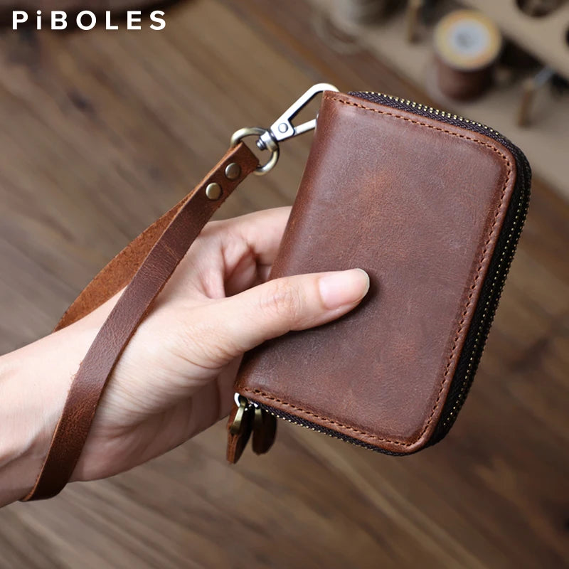 Genuine Leather Key Wallet, Double Zipper Key Organizer Pouch