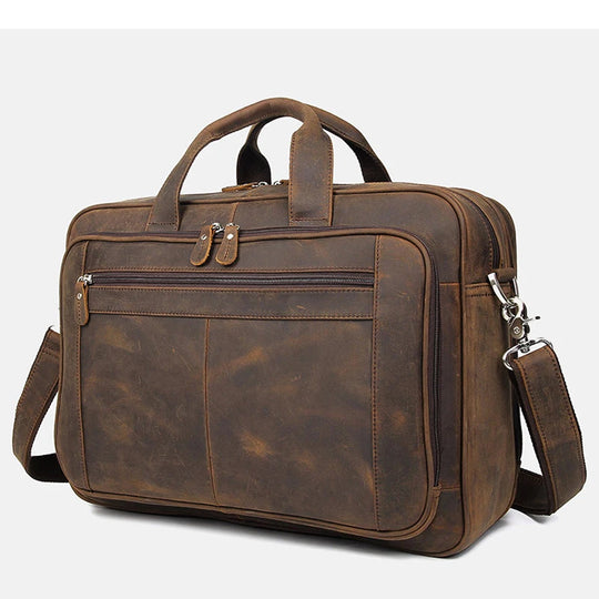 Genuine Crazy Horse Leather Men's Briefcase, 17" Laptop Business Bag