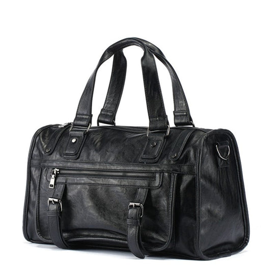 High-end black leather travel bag with shoulder strap