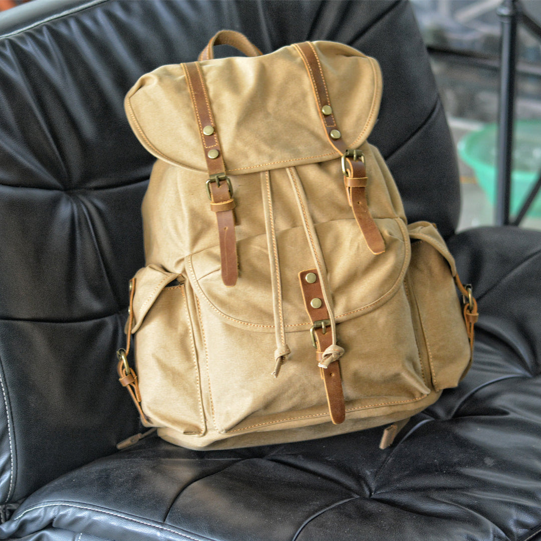 Rugged Military Canvas Backpack with Multiple Pockets - Leather Purse Backpack