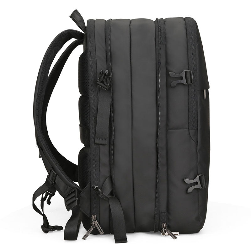 Black expandable backpack for tech enthusiasts with charging