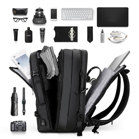 Expandable black backpack for electronics with USB charging
