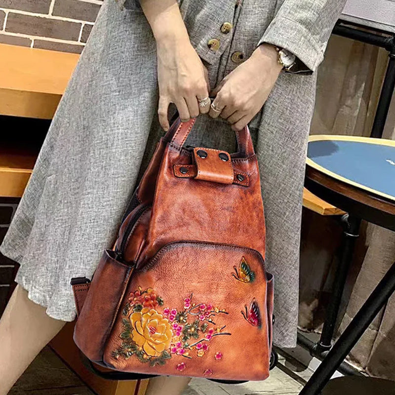 Retro style luxury floral leather backpack with generous space
