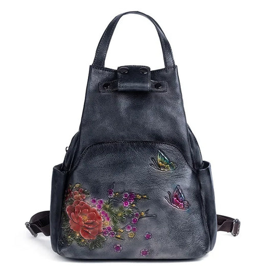 Vintage-inspired large capacity luxury floral leather backpack