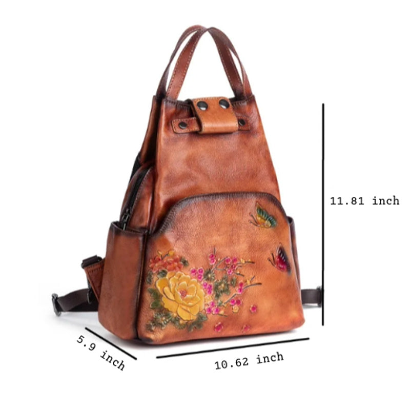 Trekking backpack in luxurious floral genuine leather with ample space