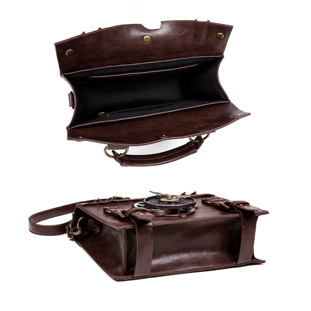 Steampunk-themed vegan leather crossbody bag for a trendy look