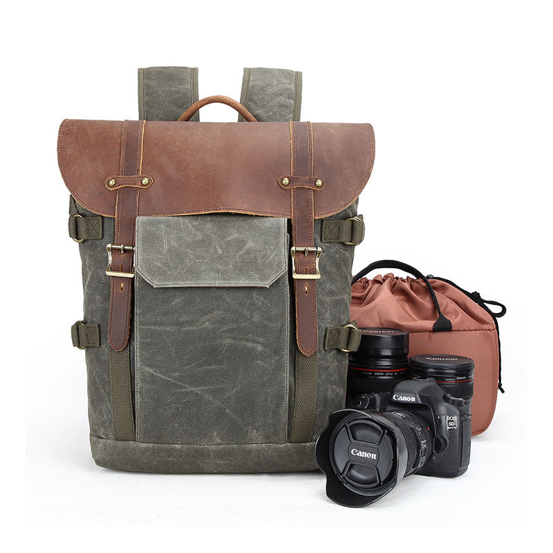 Camera and lens backpack in waxed canvas