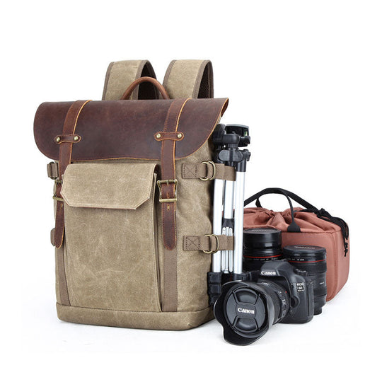 Canvas backpack for camera and lens storage