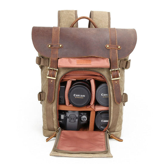 Waxed canvas camera gear backpack