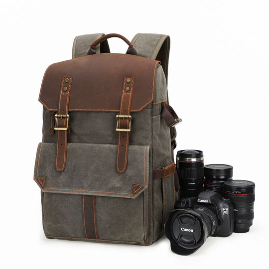 Waxed canvas camera backpack with artisan touch