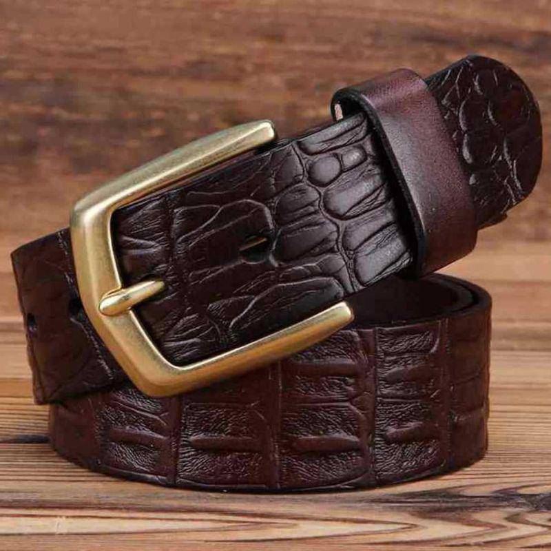 Crocodile Effect Leather Belt With Gold Buckle For Men, Garri Model - Leather Purse Backpack