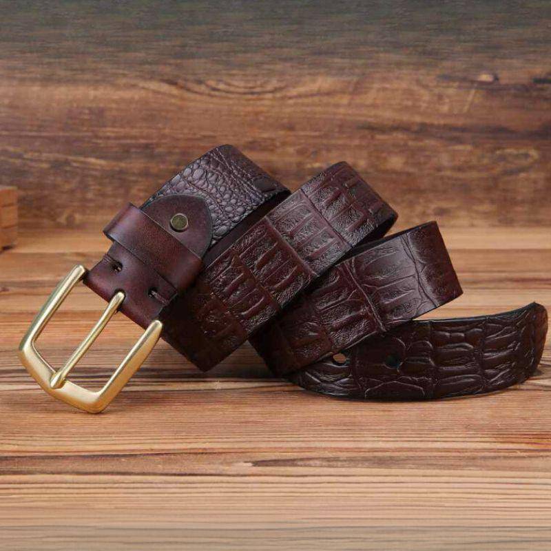 Crocodile Effect Leather Belt With Gold Buckle For Men, Garri Model - Leather Purse Backpack