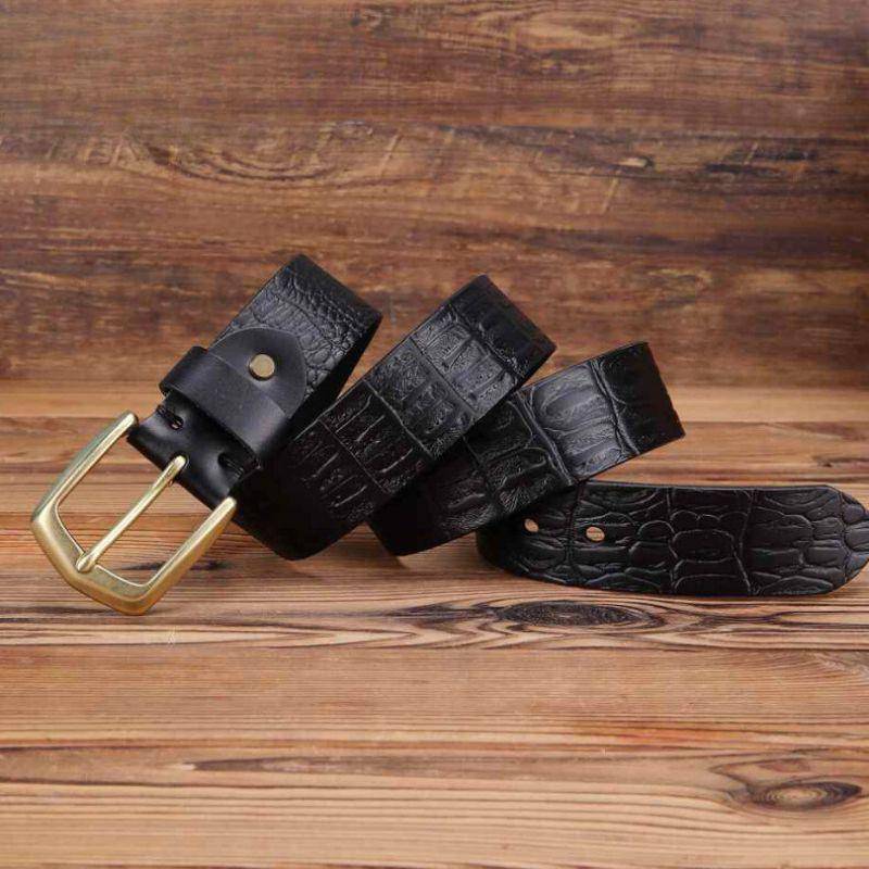 Crocodile Effect Leather Belt With Gold Buckle For Men, Garri Model - Leather Purse Backpack