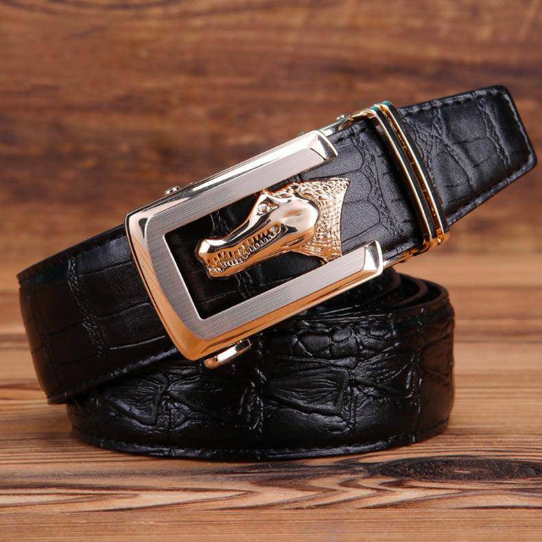 Genuine Leather Belt With Golden Crocodile Buckle For Men, Ravil Model - Leather Purse Backpack