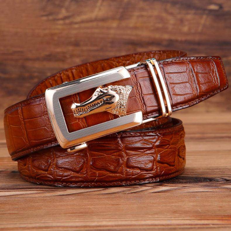 Genuine Leather Belt With Golden Crocodile Buckle For Men, Ravil Model - Leather Purse Backpack