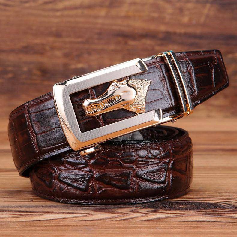 Genuine Leather Belt With Golden Crocodile Buckle For Men, Ravil Model - Leather Purse Backpack