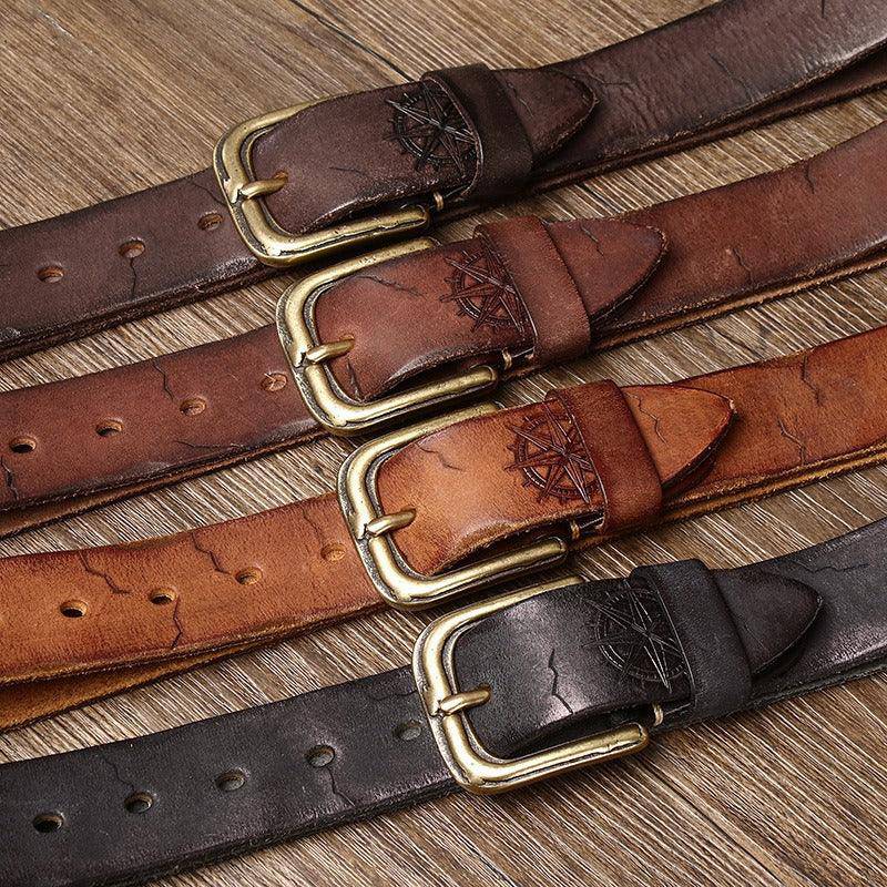 Leather Belt With Compass Inlay, For Men, Amit Model