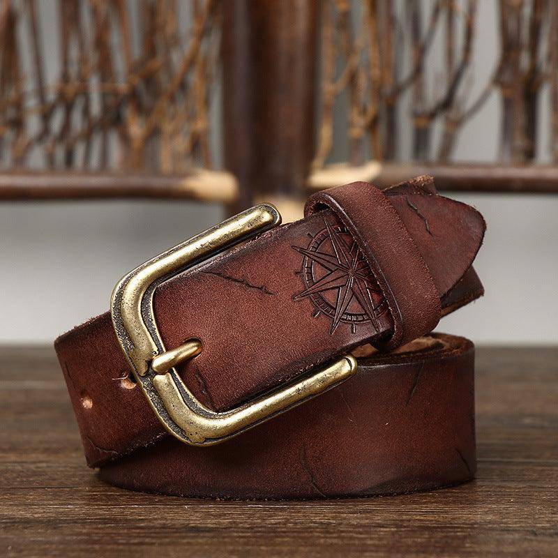 Leather Belt With Compass Inlay, For Men, Amit Model - Leather Purse Backpack