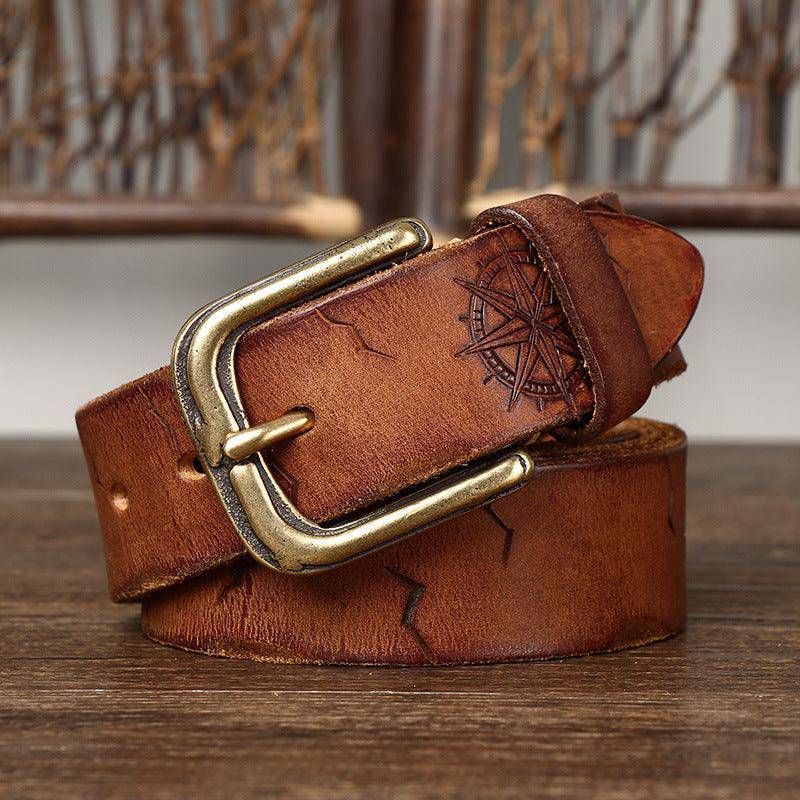 Leather Belt With Compass Inlay, For Men, Amit Model - Leather Purse Backpack