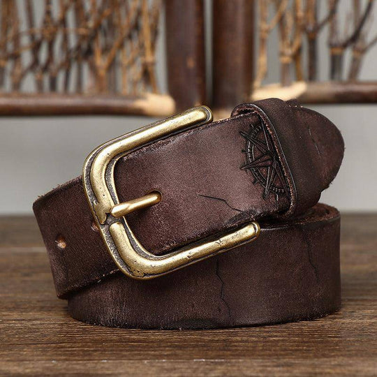 Leather Belt With Compass Inlay, For Men, Amit Model - Leather Purse Backpack