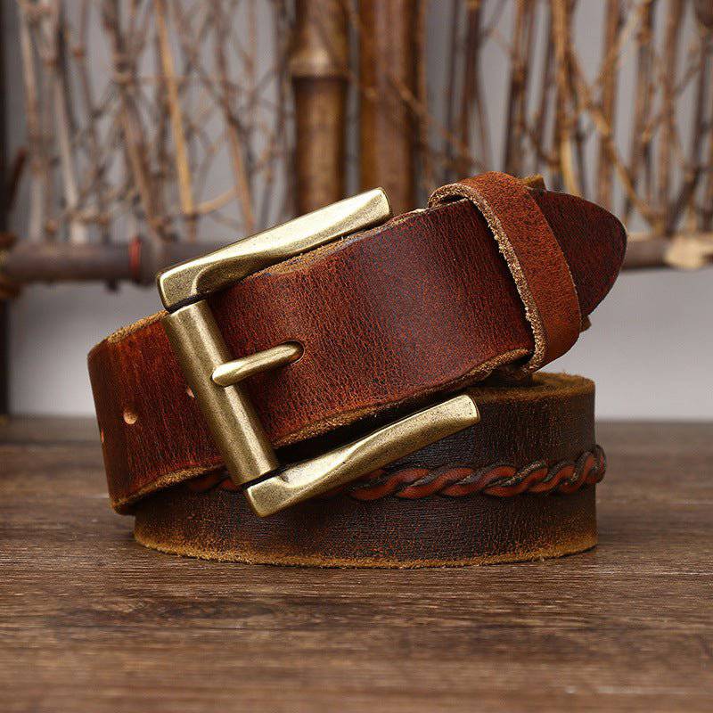 Leather Belt For Men, With Braided Central Strap, Raj Model - Leather Purse Backpack