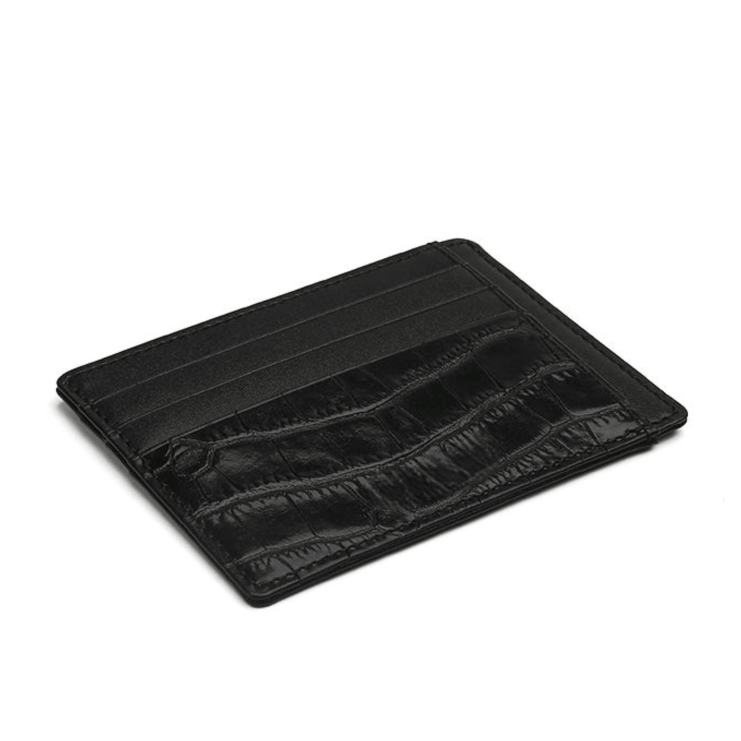 Crocodile Pattern Smooth Black Leather Card Holder - Leather Purse Backpack