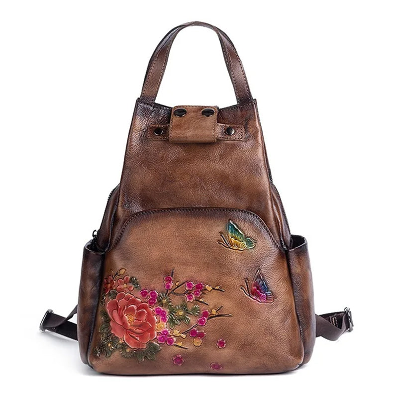 backpack flowers leather Luxury Floral Genuine Leather Backpack with Large Capacity