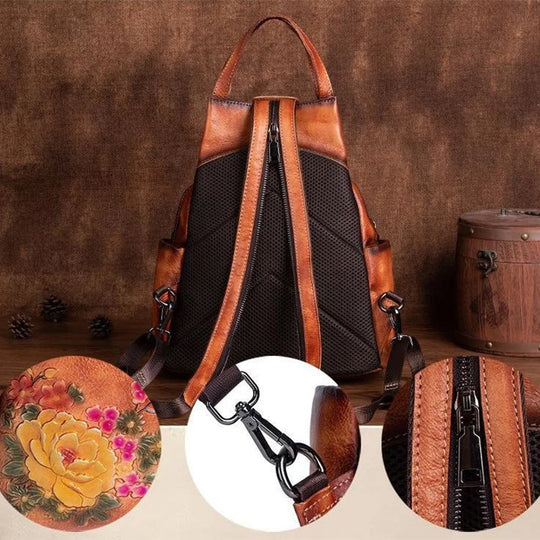 Genuine leather hiking backpack with a luxury floral design and large capacity