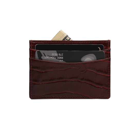 Elegant Burgundy Card Holder Crocodile Pattern - Leather Purse Backpack