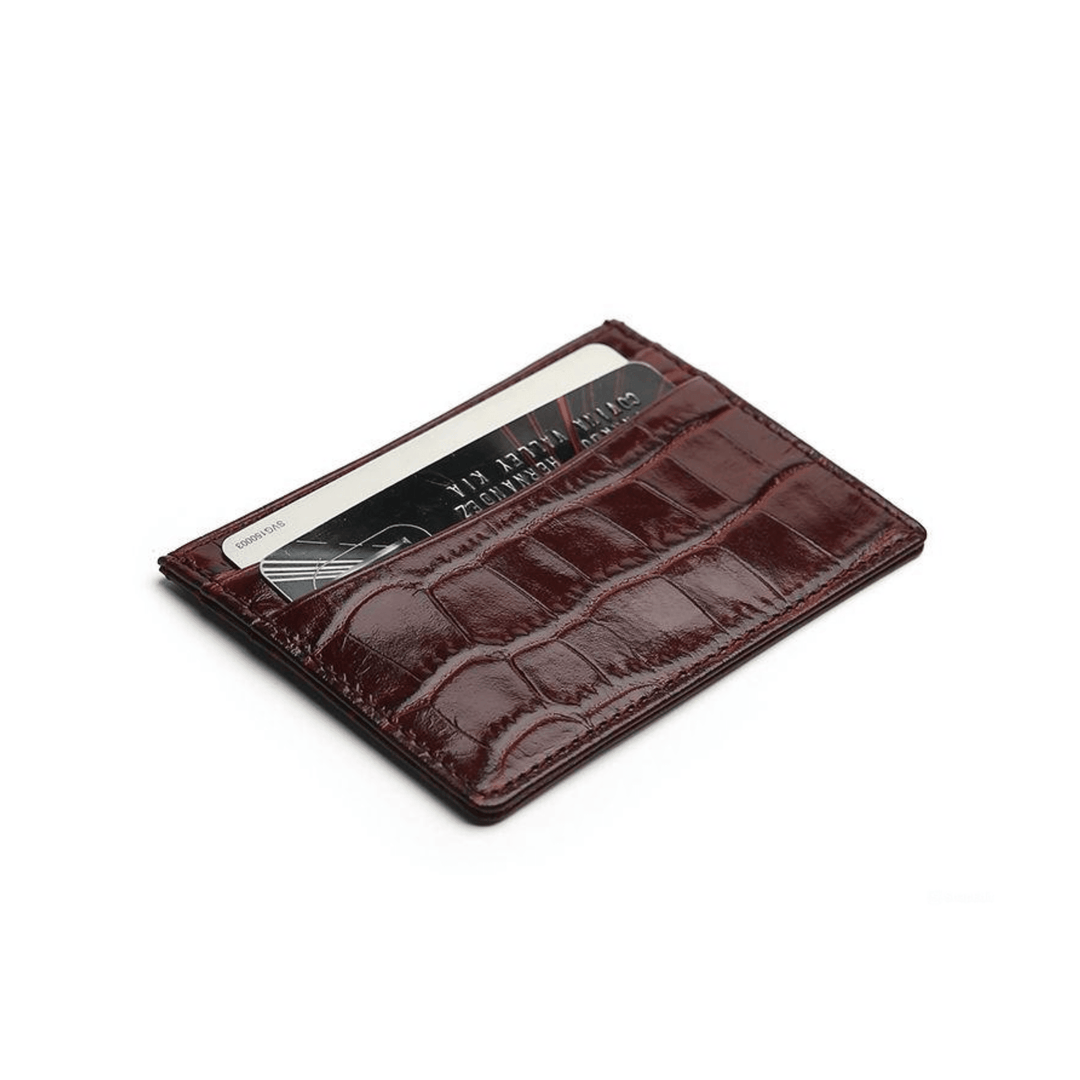 Elegant Burgundy Card Holder Crocodile Pattern - Leather Purse Backpack