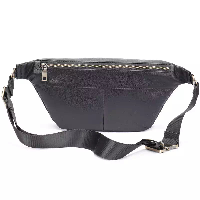 Timeless black leather waist bag with crossbody sling for men