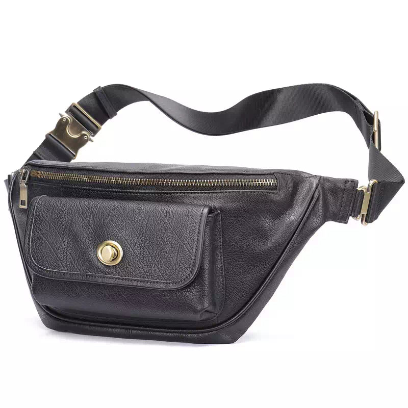 Men's classic black leather hip pack with crossbody strap