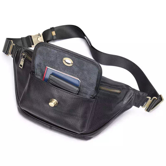 Traditional black leather belt bag with crossbody sling for men