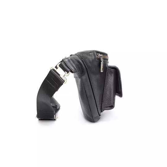 Classic men's black leather waist pouch with crossbody strap