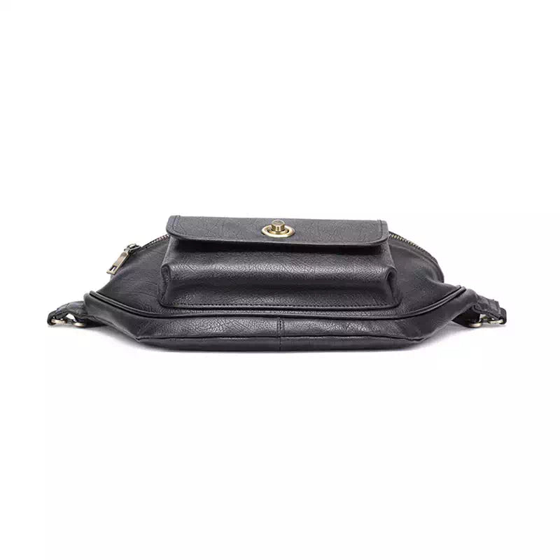 Time-honored black leather fanny pack with crossbody sling