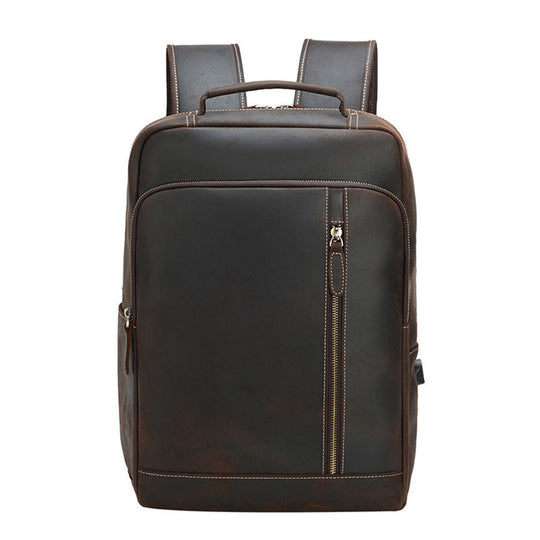 Fashionable Crazy Horse leather backpack for men in deep brown