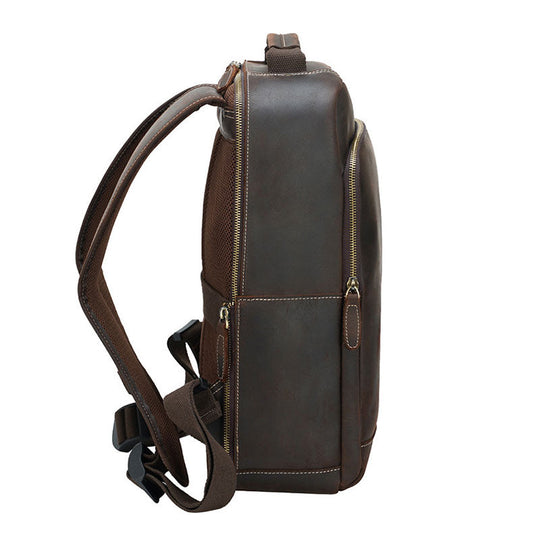 Men's dark brown leather backpack with Crazy Horse finish