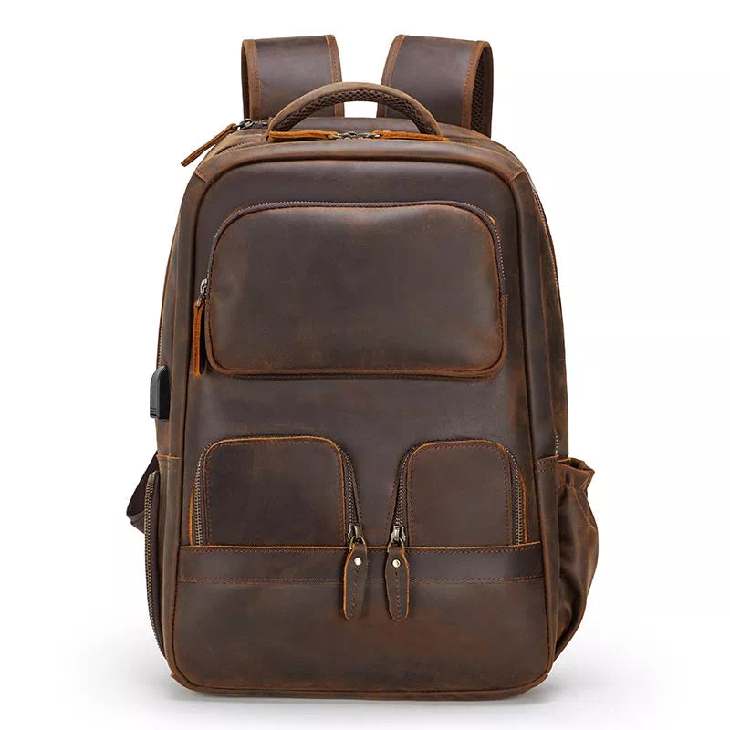 Large men's travel backpack crafted from Crazy Horse leather