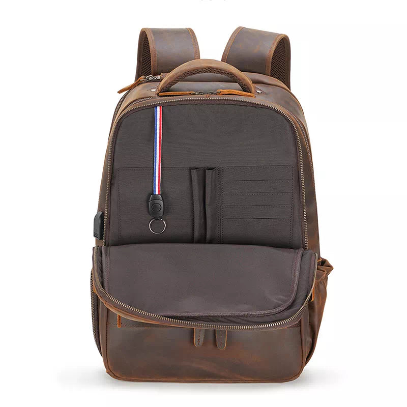 Large capacity men's travel backpack in Crazy Horse leather