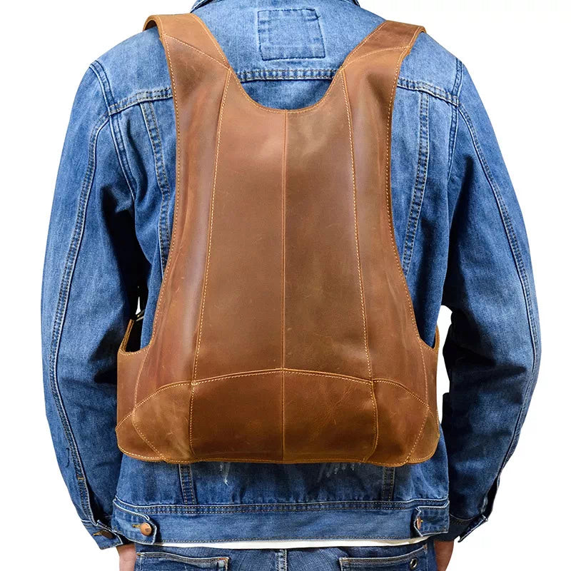 Brown leather backpack with anti-theft features for men