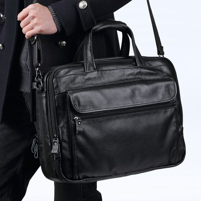 Retro-style men's leather briefcase with a black pebbled finish