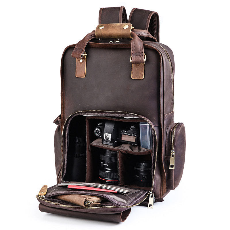 Men's durable leather camera and lens backpack