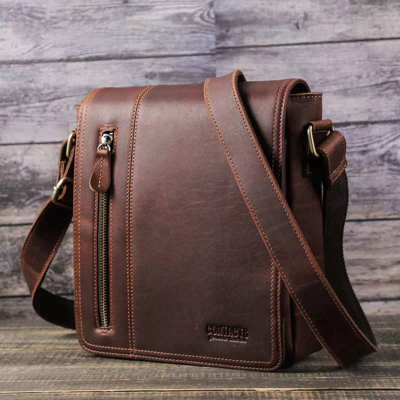 Classic men's satchel bag in vintage crazy horse leather
