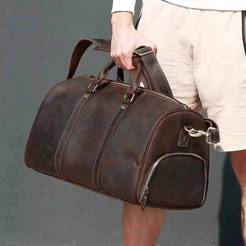 Crazy Horse leather travel duffle in dark brown for men